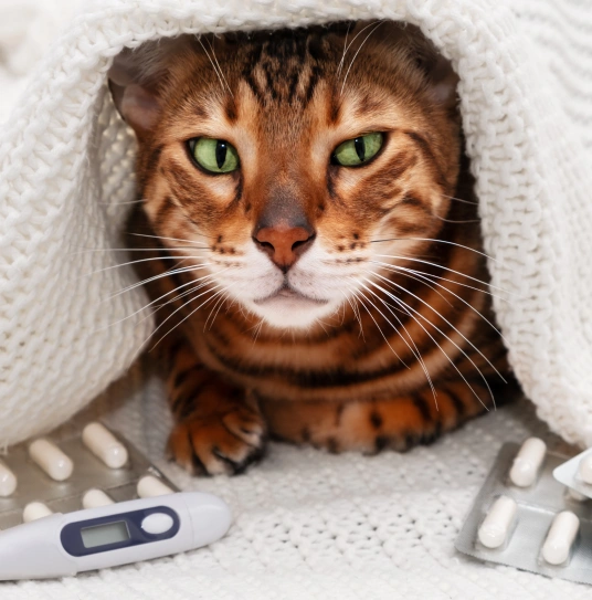 A Bengal cat with green eyes peeking out from under a white knitted blanket, surrounded by medication blister packs and a digital thermometer.